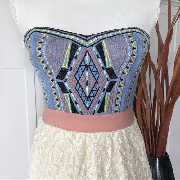 Lace and Denim Embroidered Strapless Dress - Picture 2 of 5